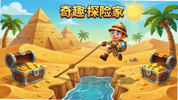 奇趣探险家关卡场景预览图,展示一个沙漠主题的关卡,画面中有金字塔、流沙和古老的宝藏箱,探险家角色正在使用绳索跨越陷阱,整体风格卡通明亮,细节丰富,适合作为关卡介绍配图
