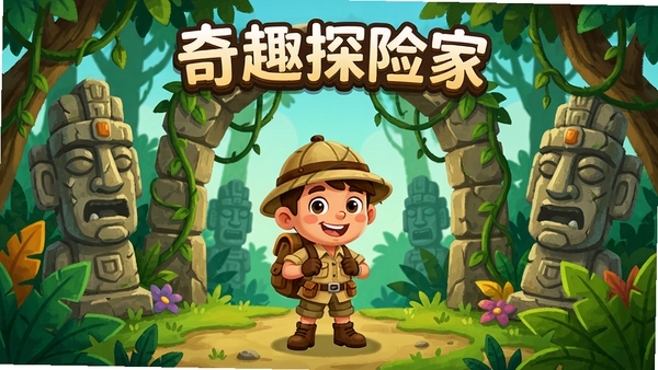 奇趣探险家游戏主界面预览图,展示一个卡通风格的探险家角色站在神秘雨林入口,背景有古老的石像和藤蔓,画面色彩明亮,细节丰富,采用手绘插画风格,整体氛围轻松有趣,画面比例为16:9,适合作为游戏宣传图