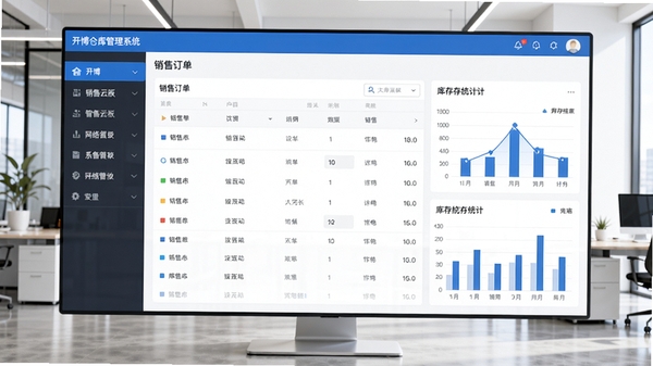 开博销售仓库管理系统(网络云版)主界面预览图,画面展示左侧功能导航栏,中央为销售订单列表与库存统计图表,背景为现代简约办公室环境,整体色调以蓝色和白色为主,界面清晰明亮,风格专业且具有科技感