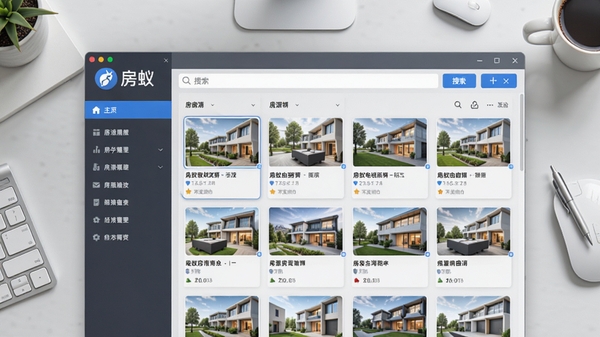 房蚁电脑版主界面预览图,展示房源列表、搜索栏和左侧分类导航,界面简洁现代,背景为浅灰色工作台,突出软件名称“房蚁”的Logo标识,整体风格明亮清晰