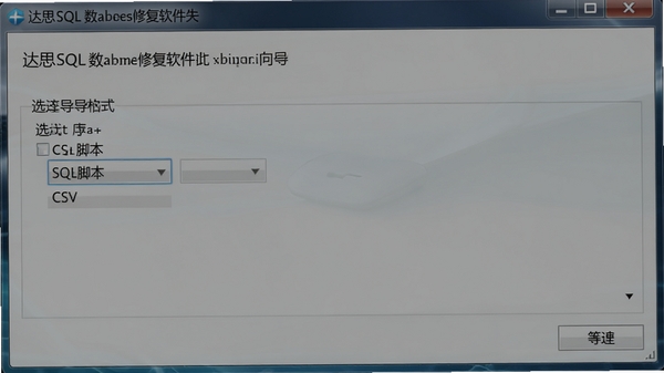 达思SQL数据库修复软件导出数据向导界面,显示选择导出格式选项,包含SQL脚本和CSV,背景为简洁的向导风格窗口