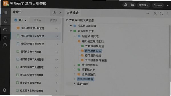 橙瓜码字章节大纲管理界面,左侧为章节列表,右侧为大纲编辑区域,展示多级目录结构