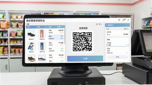 商店管家收银软件主界面截图,展示商品列表、收款二维码和订单统计面板,背景为整洁的便利店收银台,画面明亮清晰,软件界面居中显示,风格写实。