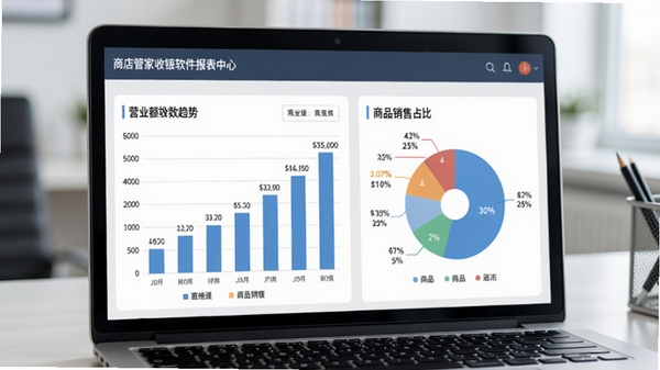 商店管家收银软件报表中心界面,展示柱状图和饼图,包含营业额趋势、商品销售占比,背景为办公桌上一台笔记本电脑,风格商务简洁。