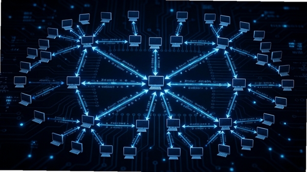 Tribler网络拓扑图,展示众多电脑节点互相连接,数据流在节点间直接传输,无中心枢纽,背景为深色科技感风格,蓝色光线连接各节点