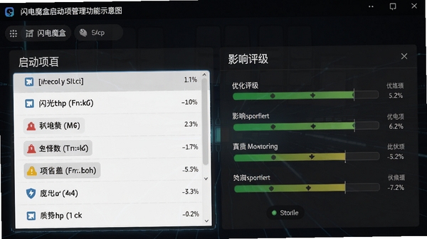闪电魔盒启动项管理功能示意图,展示启动项列表和影响评级的界面,背景为深色系统风格,突出显示优化建议标识