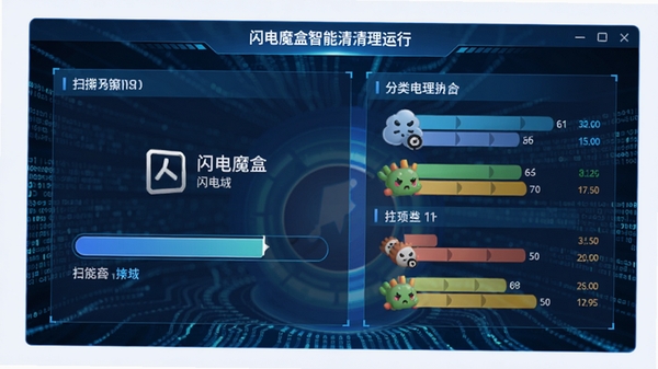 闪电魔盒智能清理功能运行界面,显示正在扫描系统垃圾文件的进度条与分类统计,界面以蓝色科技感为主色调,背景有动态数据流效果