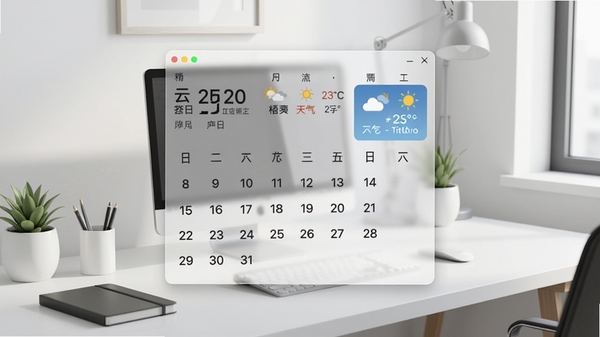 云日历主界面效果图,展示桌面悬浮日历窗口,包含日期、农历、天气信息,背景为简洁的现代办公桌面,日历悬浮窗半透明,设计美观,整体风格清爽明亮