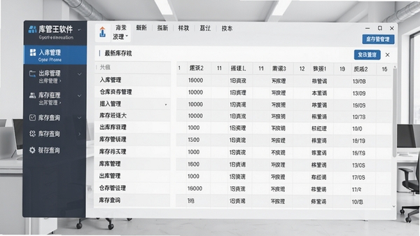 库管王软件主界面截图,展示清晰的仓库管理系统布局,左侧导航栏包含入库管理、出库管理、库存查询等功能模块,中间区域显示最新的库存数据表格,背景为简洁的浅灰色办公环境,整体风格专业、现代、明亮