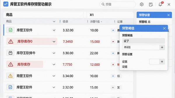 库管王软件库存预警功能展示,界面上显示一个商品列表,其中部分商品库存数量用红色字体标出并带有警告图标,旁边有预警阈值设置窗口,整体界面风格清爽,数据可视化元素突出