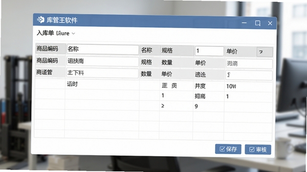 库管王软件入库操作界面,显示填写完整的入库单据,包含商品编码、名称、规格、数量、单价等字段,下方有保存和审核按钮,界面布局清晰,数据表格样式简洁,办公环境背景虚化