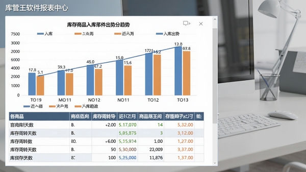 库管王软件报表中心截图,展示一个柱状图和表格组合的库存分析页面,图表显示近几个月的入库出库趋势,表格列出各商品的库存周转天数,背景为简洁的商务办公桌面,色彩搭配和谐专业