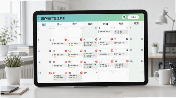 固乔客户管理系统日程提醒日历视图,展示每日待办事项和客户跟进计划,日历以月视图显示,重要日期有红色标记,界面配色清新,背景为简约办公桌