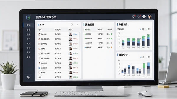 固乔客户管理系统主界面预览图,展示客户列表、跟进记录、数据统计三大核心模块,界面简洁清晰,背景为浅灰色办公桌面,整体风格商务专业