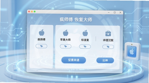 疯师傅苹果恢复大师主界面预览图,展示其清晰的功能分区和简洁的操作按钮,背景为柔和的浅蓝色科技感氛围,整体画面明亮干净