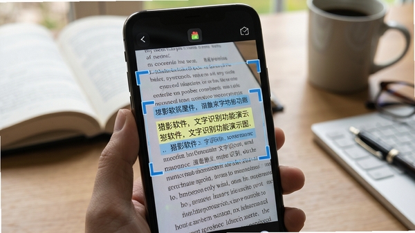 猎影软件文字识别功能演示图,手机屏幕显示正在扫描一段印刷文字,周围有识别框标记,背景为书籍与办公桌,画面清晰展示文字被高亮提取的过程,色调自然。