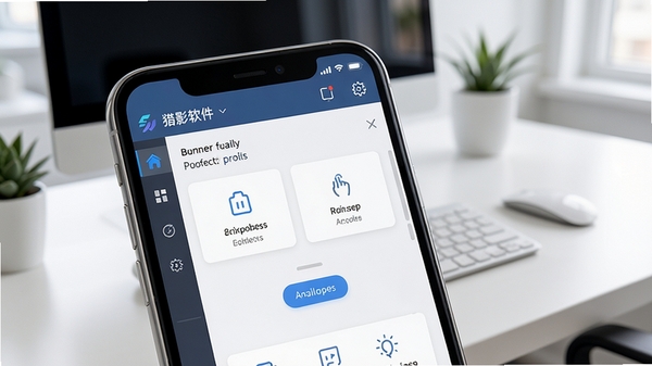 猎影软件主界面预览图,展示其简洁的工具栏与识别功能入口,背景为现代办公桌面,画面主体为手机屏幕特写,风格明亮清晰,突出软件易用性与专业性。