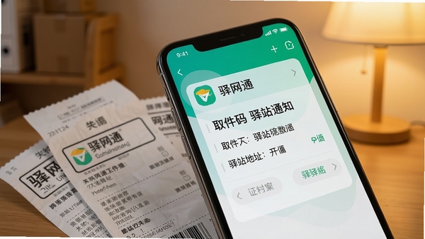 一张智能手机屏幕特写,显示驿网通发送的取件通知样式,包含取件码和驿站地址,手机旁散落着几张快递单据,背景是温馨的室内灯光,画面强调信息传达的及时与准确,带有“驿网通”水印标识