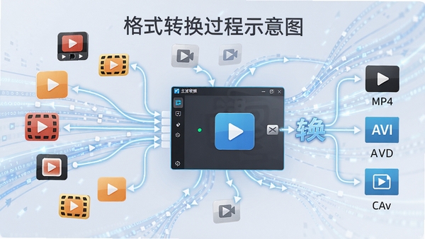 智速视频转换器格式转换过程示意图,画面显示多种视频格式图标汇聚到软件主程序,经过转换后输出为MP4、AVI等通用格式,背景带有流畅的数据线条元素