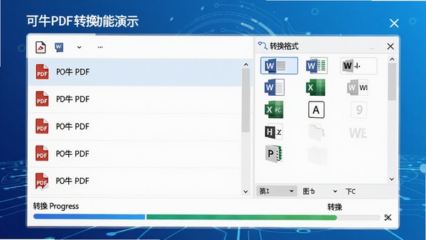 可牛PDF格式转换功能演示,界面显示PDF文件列表及转换格式选项,如Word、Excel、图片等,转换进度条正在运行,背景为渐变蓝色科技感风格