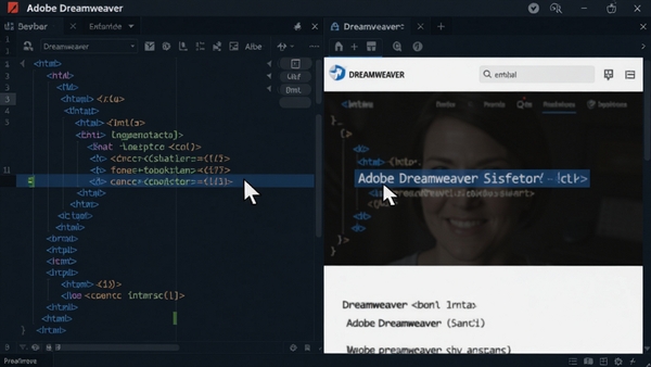Adobe Dreamweaver ʵʱ��ͼ����չʾ�����ΪHTML���룬�Ҳ�Ϊ��ҳ��ȾЧ�������ָ��ָ��ĳһ�д��룬��Ӧҳ��Ԫ�ظ�����ʾ������Ϊ����༭�����棬ɫ��������Ϊ�������ָ�Ч��������