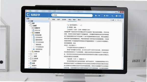 知网研学主界面预览图,展示软件在电脑屏幕上的运行效果,左侧为文献目录树,右侧为文献阅读区,顶部有搜索栏和功能按钮,整体风格简洁专业,背景为浅灰色桌面