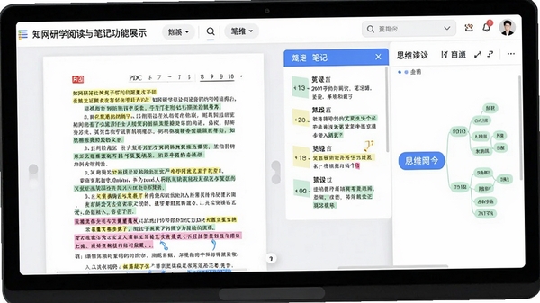知网研学阅读与笔记功能展示,显示PDF文献页面,右侧有笔记栏和思维导图区域,高亮标记和批注清晰可见,整体界面清爽明亮