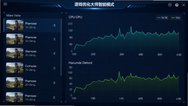 游戏优化大师智能模式切换功能界面,左侧显示游戏列表,右侧展示CPU、内存、网络实时占用曲线,背景为深蓝色科技感界面,数据图表清晰,整体风格专业,色彩搭配协调,突出优化效果