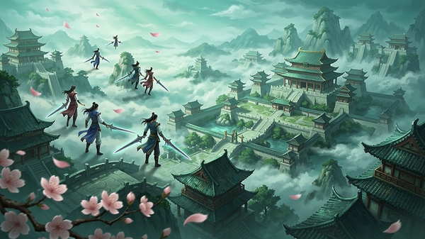 QQ仙侠传游戏主城全景概念图,云雾缭绕的仙山楼阁,玩家角色御剑飞行于天际,画面整体呈青绿色调,体现东方仙侠韵味,前景有桃花飘落,背景是巍峨宫殿与远山,风格为写实唯美游戏原画,高细节,8k分辨率