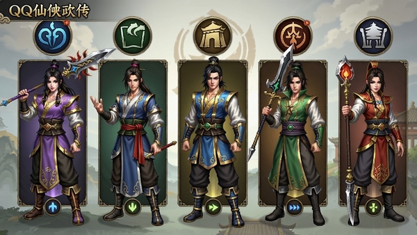 QQ仙侠传角色创建界面展示,多个不同门派职业的角色立绘排列,每个角色身着特色服饰,手持不同武器,背景是门派图标,界面设计精美,风格为游戏UI截图,色彩鲜明,细节丰富