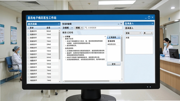 易迅电子病历医生工作站主界面截图,展示患者列表、病历编辑区、医嘱录入区,风格简洁专业,背景为医院门诊场景,色调蓝白为主,界面布局清晰,文字可辨