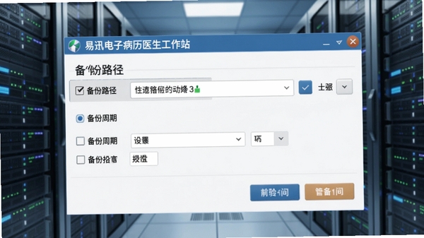 易迅电子病历医生工作站数据备份设置界面,显示备份路径选择、备份周期设置,界面简洁,按钮清晰,背景为服务器机房,色调淡雅