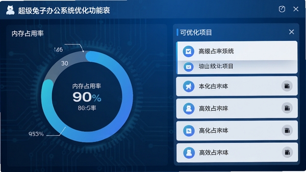 超级兔子办公系统优化功能界面,画面左侧显示内存占用率的环形图表,右侧列出可优化的项目列表,背景色调为科技蓝,营造出专业、高效的感觉