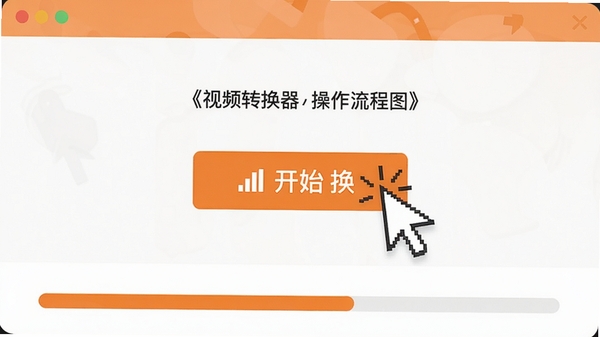A视频转换器操作流程图,鼠标指针点击开始转换按钮,界面下方显示进度条,整体风格扁平化设计,配色以白色和橙色为主,突出操作步骤的简洁性