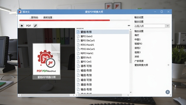 爱拍PDF转换大师正在执行PDF转Word操作,界面显示进度条和文件列表,左侧是源文件预览,右侧是输出设置选项,背景为办公环境,画面风格写实清晰