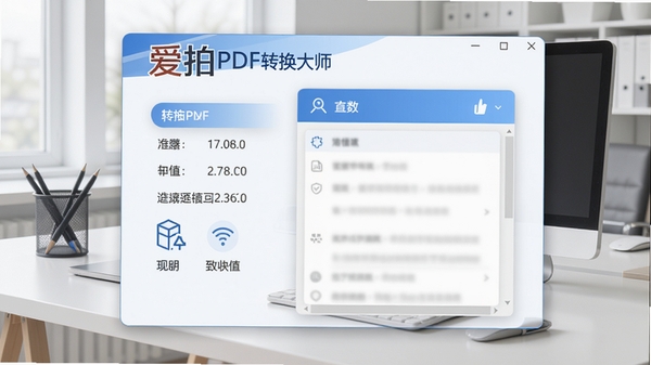 爱拍PDF转换大师主界面截图,展示软件logo和功能列表,背景为干净的办公桌面,整体色调以蓝白为主,视觉效果简洁专业
