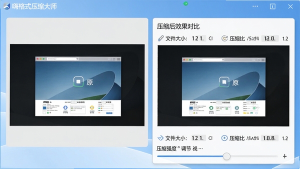 嗨格式压缩大师图片压缩功能操作界面,左侧为原图预览区,右侧为压缩后效果对比区,显示文件大小变化与压缩比例,下方有滑块可调节压缩强度,背景为浅蓝色渐变,软件名称置于界面左上角