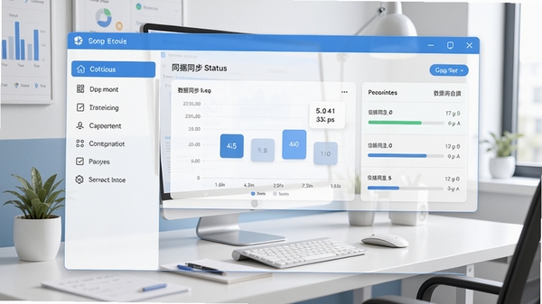 同步助手主界面预览图,展示其清爽简洁的软件布局,左侧为功能导航栏,右侧为数据同步状态面板,背景为现代化的办公桌面环境,整体色调以蓝白为主,画面清晰明亮