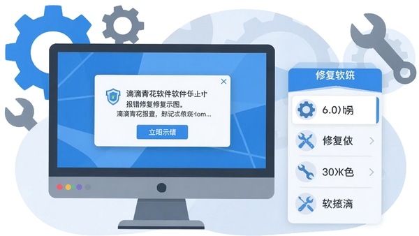 滴滴青桔软件报错修复示意图,电脑屏幕显示错误提示弹窗,旁边有修复工具选项列表,画面风格为扁平化插画,背景有齿轮与扳手元素,色调以蓝灰为主,突出解决问题与维护的主题