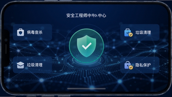 安全工程师主界面预览图,展示手机安全防护中心,界面以深蓝色为主色调,中央显示安全状态大图标,周围分布病毒查杀、垃圾清理、隐私保护等模块按钮,背景为抽象科技感网络纹理,整体风格简约专业,适合移动端软件展示