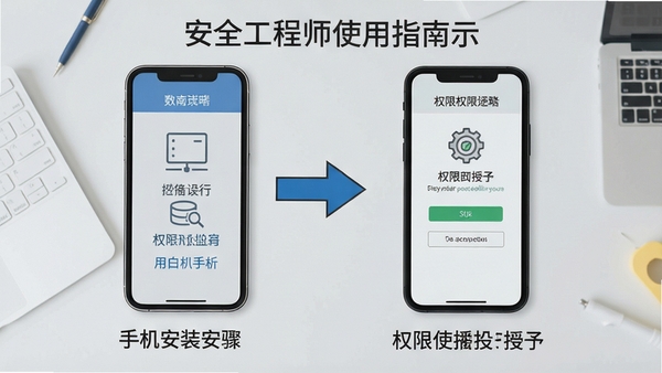 安全工程师使用指南示意图,展示手机安装步骤和权限授予界面,背景为浅灰色桌面,有手机模型和箭头指示,风格简洁直观,便于用户理解