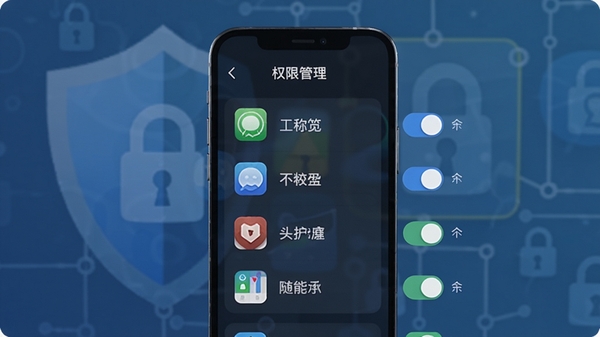 安全工程师隐私保护功能预览图,手机屏幕显示权限管理列表,有应用图标和权限开关,背景为蓝色盾牌与锁形图案,色调冷静专业,突出安全与隐私