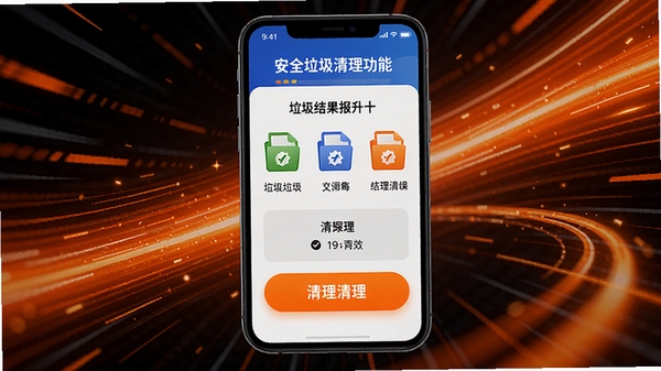 安全工程师垃圾清理功能预览图,手机屏幕显示清理结果报告,有垃圾文件图标和清理按钮,背景为橙色动态线条,强调速度与高效,画面活泼有活力