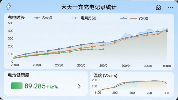 天天一充充电记录统计图表,折线图展示充电时长和电量变化,下方有电池健康度百分比和温度曲线,背景为浅蓝色数据面板,风格清晰直观