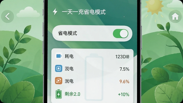 天天一充省电模式界面,手机屏幕显示省电模式开关,下方列出耗电应用排行榜,电池图标显示剩余电量百分比,背景为绿色环保风格,简洁明了