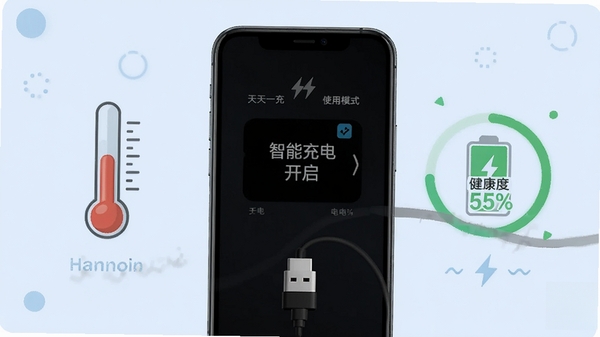 天天一充使用教程图解,手机连接数据线充电,界面显示智能充电模式开启,旁边有温度计图标和电池健康度百分比,背景为浅蓝色教程风格