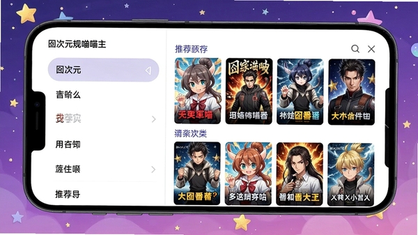次元动漫喵主界面预览图,展示动漫分类列表和推荐番剧海报墙,画面主体为手机屏幕特写,背景为二次元风格的渐变紫色星空,色彩明亮,细节丰富,适用于Boogu模型生成