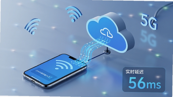 数版云游网络优化示意图,画面中一部手机连接着云端服务器,周围有流畅的蓝色光带表示数据传输,背景有Wi-Fi和5G信号图标,画面右下角显示实时延迟数据56ms,画面风格清晰科技感,强调低延迟与流畅体验。