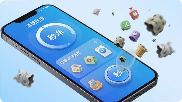 秒净自动清理主界面预览图,手机屏幕显示清理进度圆环和各类垃圾文件分类,背景为渐变色科技蓝,整体风格简洁明亮,图标立体感强,手机周围有漂浮的垃圾碎片被吸入清理按钮,画面动感,高清渲染