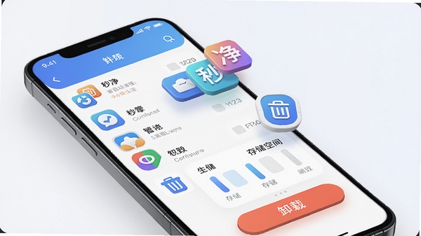 秒净自动清理应用管理功能展示,手机屏幕显示应用列表和卸载按钮,背景为简约浅色系,应用图标立体悬浮,有垃圾桶图标和存储空间图表,整体风格清新简洁,高清UI设计图